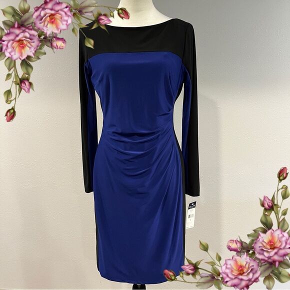 Chaps elegant navy and Black long sleeve knee length Dress size medium - Picture 1 of 11